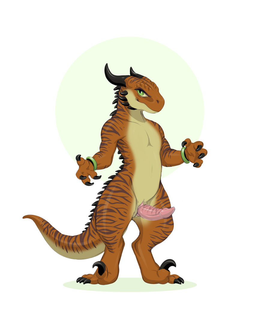 absurd_res caught dinosaur dragon drakkor dromaeosaurid genitals hi_res invalid_tag kobold male penis presenting reptile scalie size_difference stripes theropod