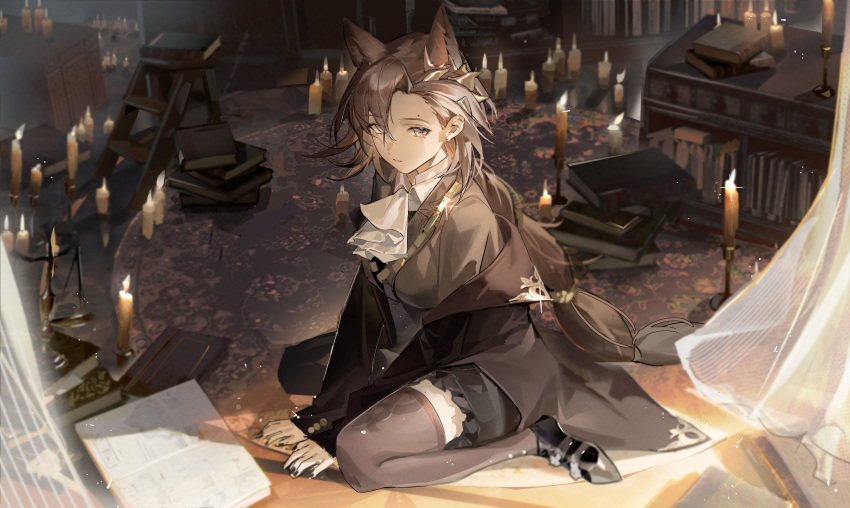 1girl absurdres animal_ears arknights ascot bangs black_coat black_footwear black_nails book book_stack brown_hair candle cardigan closed_mouth coat collared_shirt curtains extra_ears fire flame highres jacket jiojio looking_at_viewer medium_hair mole_above_eye open_book open_clothes open_coat penance_(arknights) shirt sitting solo stairs thighhighs wariza white_ascot white_shirt wolf_ears wolf_girl yellow_eyes