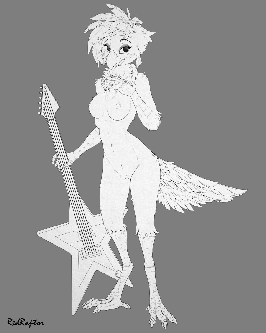 4:5 4_toes anisodactyl anthro avian beak bird bird_feet breasts chicken electric_guitar eyelashes feathers feet female five_nights_at_freddy's five_nights_at_freddy's:_security_breach galliform gallus_(genus) genitals glamrock_chica_(fnaf) grey_background guitar hi_res looking_at_viewer monochrome musical_instrument neck_tuft nipples non-mammal_breasts nude phasianid plucked_string_instrument pussy redraptor16 scottgames simple_background sketch smile solo string_instrument tail_feathers toes tuft unfinished video_games