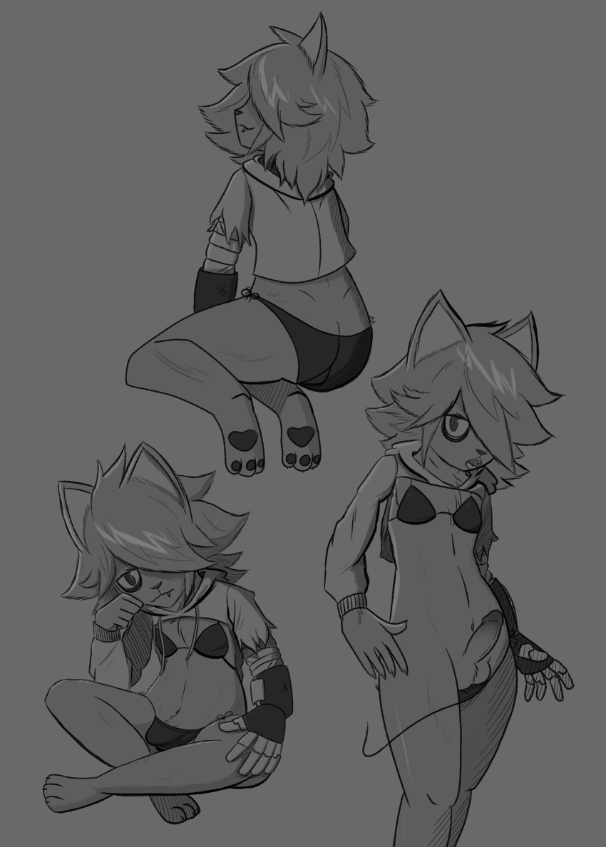 anthro bastardcat3 clothed clothing crossdressing domestic_cat felid feline felis genitals hi_res hoodie male mammal meme meme_clothing monochrome pawpads paws penis robot_arm solo swimwear tatsuo topwear wardrobe_malfunction