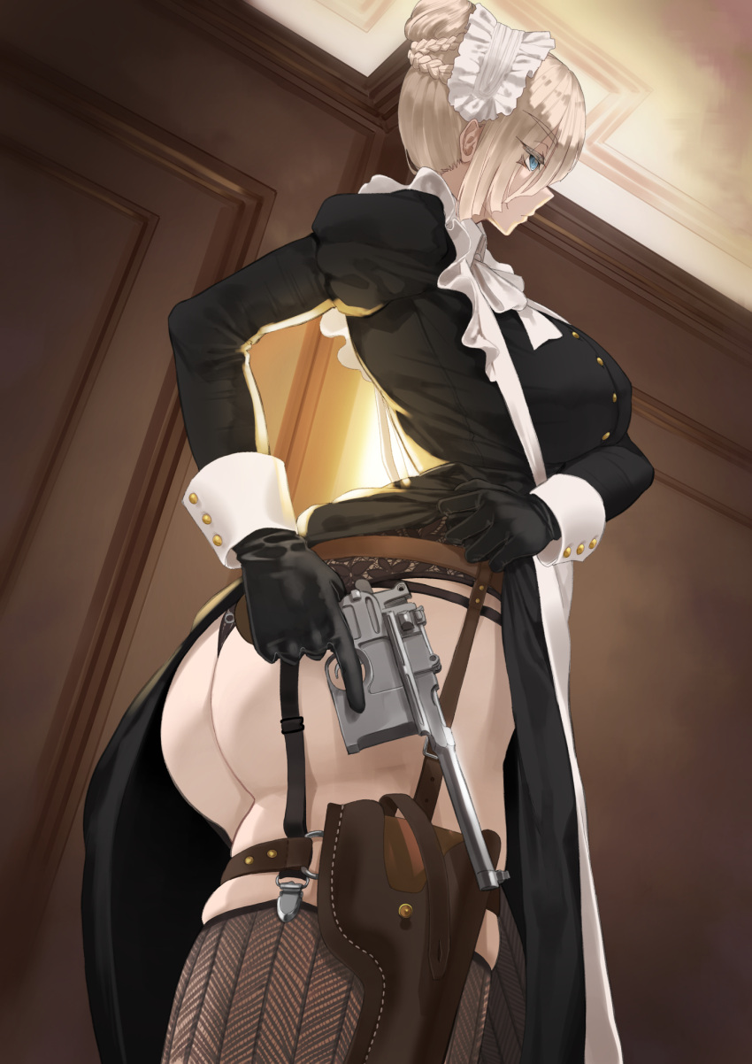 1girl ass black_gloves blonde_hair braid breasts dress expressionless french_braid gloves gun handgun highres indoors large_breasts looking_afar maid maid_headdress original pinafore_dress throtem weapon