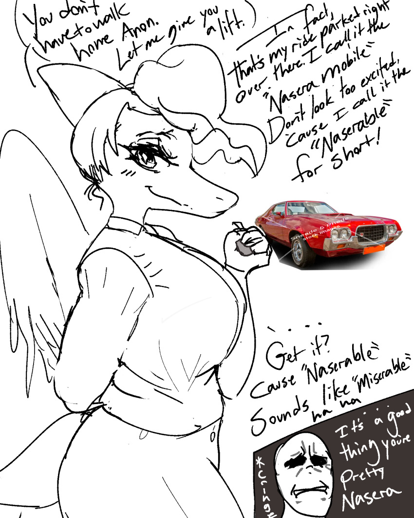 anon_(snoot_game) anthro car clothed clothing cringing crossgender dialogue duo english_text feathered_wings feathers female goodbye_volcano_high hair half_shaved_head hi_res human long_snout looking_at_viewer male mammal monochrome naser_(gvh) pterodactylus pterosaur reptile scalie side_view sketch snoot_game_(fan_game) snout text unknown_artist vehicle video_games wings