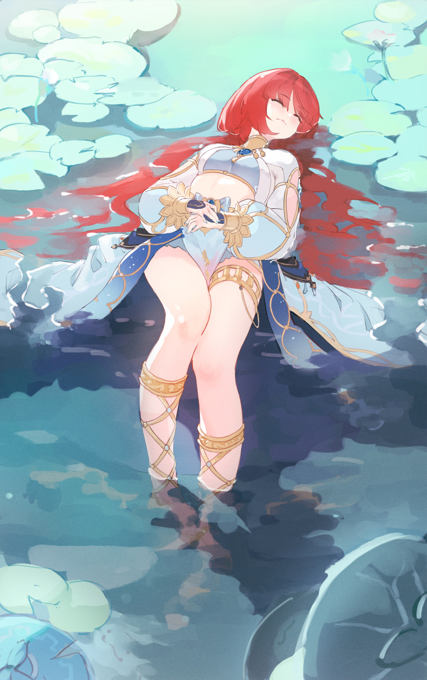 1girl absurdres bare_legs blue_skirt blush breasts closed_mouth crop_top fishofthelakes genshin_impact gladiator_sandals gold_trim harem_outfit highres legs lily_pad long_hair long_sleeves lying lying_on_water medium_breasts nilou_(genshin_impact) no_headwear no_horns on_back outdoors own_hands_together puffy_long_sleeves puffy_sleeves sandals skirt sleeping solo stomach thighlet thighs twintails very_long_hair water white_sleeves