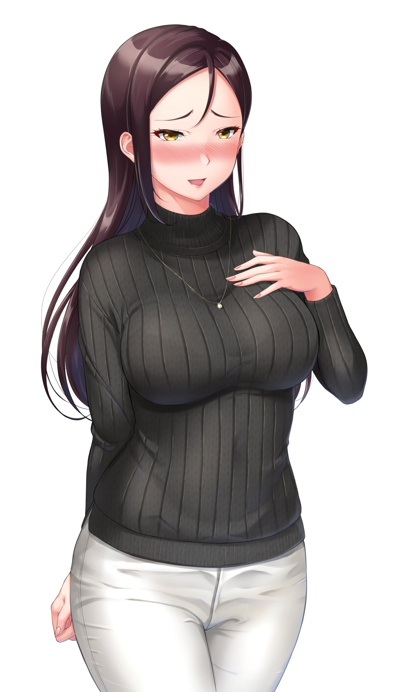 1girl absurdres arm_behind_back bangs black_sweater blush bralines breasts brown_hair chishio_(onoderayui) commentary_request cowboy_shot fingernails hair_between_eyes hand_on_own_chest hand_up highres jewelry large_breasts long_hair long_sleeves looking_at_viewer love_live! love_live!_sunshine!! mature_female necklace nose_blush open_mouth pants parted_bangs pendant raised_eyebrows ribbed_sweater sakurauchi_riko's_mother sidelocks simple_background smile solo standing sweater white_background white_pants yellow_eyes