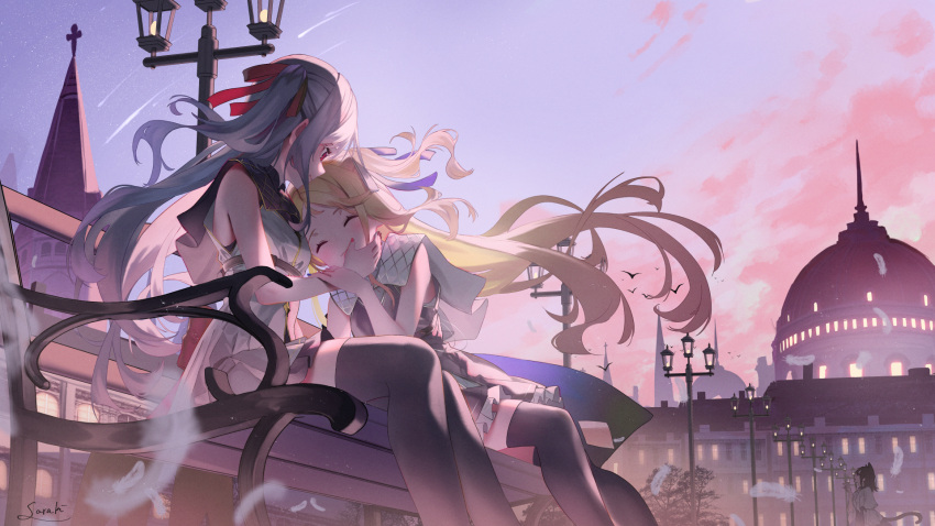 2girls ^_^ bangs bare_arms bare_shoulders bench black_dress black_thighhighs blonde_hair blue_bow blue_sky blush bow closed_eyes closed_mouth cloud commentary_request dress falling_star feet_out_of_frame floating_hair frilled_dress frills grey_hair hair_bow hand_on_another's_face highres lamppost long_hair multiple_girls nail_polish on_bench one_side_up original outdoors park_bench red_bow red_nails saraki sitting sky sleeveless sleeveless_dress star_(sky) starry_sky thighhighs tower very_long_hair white_dress