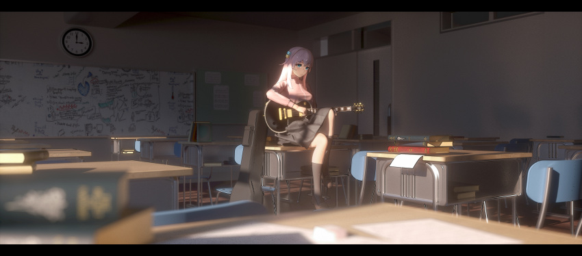 1girl absurdres bangeningmeng black_skirt black_socks blue_eyes blurry blurry_foreground blush bocchi_the_rock! book book_stack breasts chair classroom clock closed_mouth cube_hair_ornament day depth_of_field desk full_body gotou_hitori heart highres jacket knee_up kneehighs letterboxed long_hair long_sleeves medium_breasts medium_skirt on_table pink_hair pink_jacket school_chair school_desk sitting skirt socks solo sunlight table track_jacket whiteboard