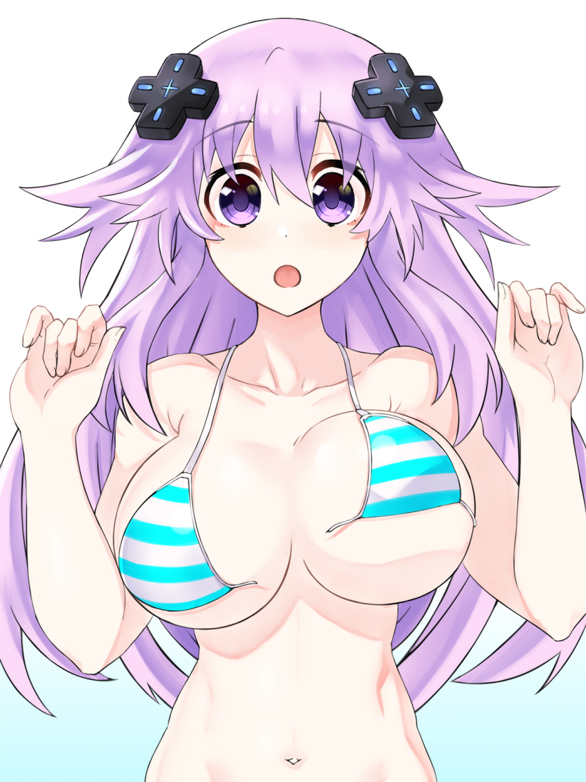 1girl :o adult_neptune bikini blush bouncing_breasts bra breasts breasts_apart commentary d-pad d-pad_hair_ornament english_commentary groin hair_between_eyes hair_ornament hands_up highres large_breasts long_hair looking_at_viewer navel neptune_(series) purple_eyes purple_hair solo staring striped striped_bikini striped_bra surprised swimsuit torn_bikini torn_bra torn_clothes underboob underwear very_long_hair wardrobe_malfunction zatsu