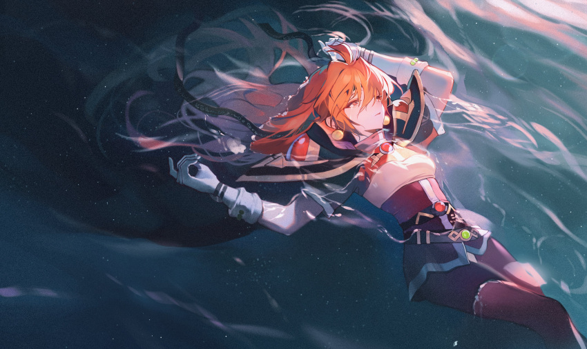 1girl absurdres ajirui bangs black_cape breasts cape crying crying_with_eyes_open earrings gloves hair_behind_ear hair_between_eyes highres jacket jewelry lina_inverse long_hair looking_up orange_eyes orange_hair pants parted_lips partially_submerged red_jacket red_pants slayers small_breasts solo tears water white_gloves