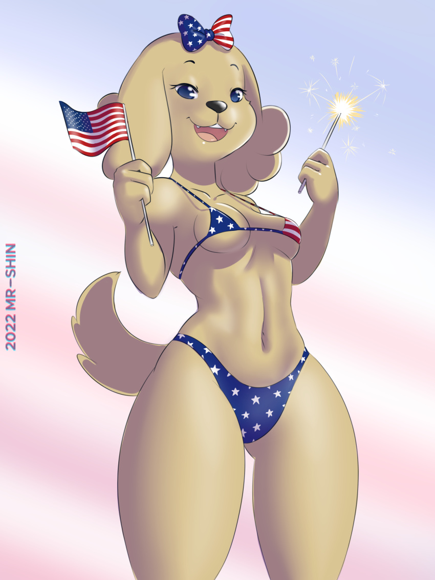 2022 4th_of_july accessory aged_up anne_kennel anthro bikini black_nose blue_eyes bow_ribbon breasts canid canine canis clothed clothing digital_media_(artwork) domestic_dog eyebrows female fingers flag fluffy fluffy_hair hair hair_accessory hair_bow hair_ribbon hi_res holding_flag holding_object looking_at_viewer mammal mr-shin navel open_mouth ribbons skimpy_bikini small_breasts smile smiling_at_viewer solo standing stars_and_stripes swimwear tan_body teeth tongue united_states_of_america