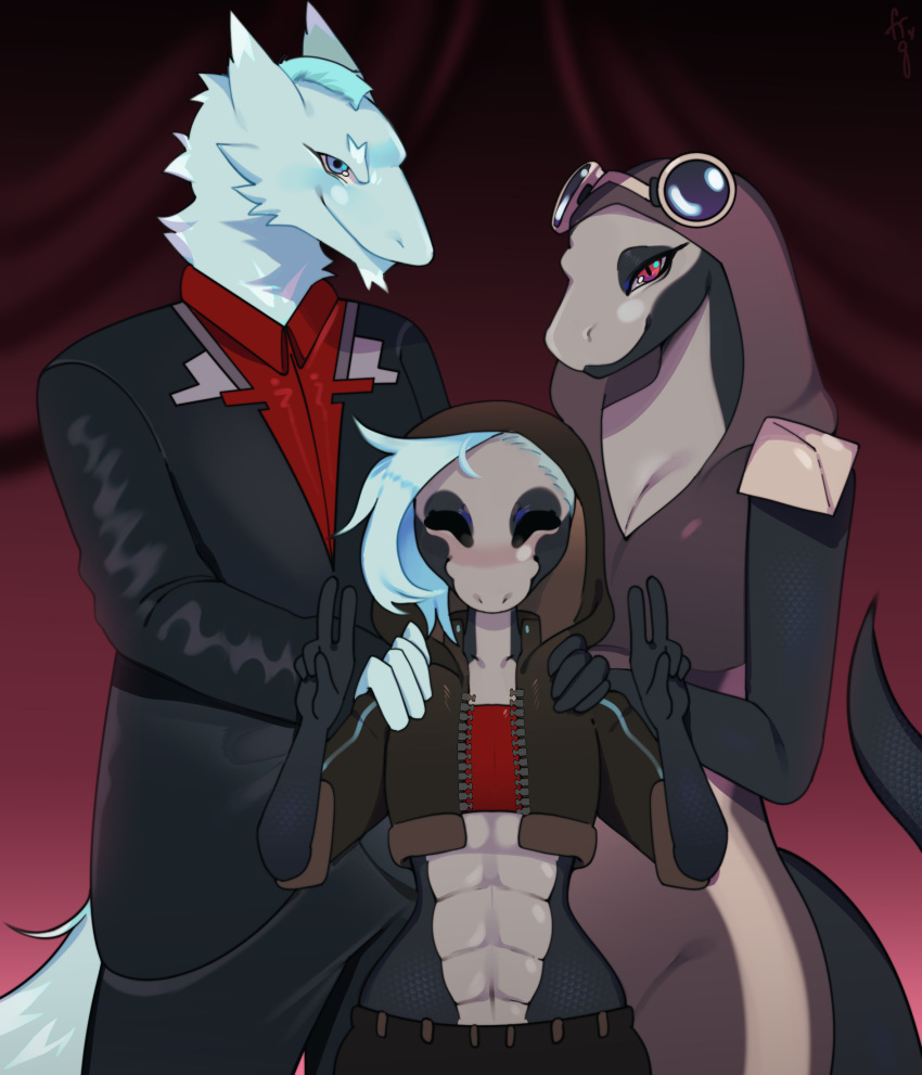 anthro bleats_(goat-kid) corporate el_arca family_photo female freakster group hi_res huggles male male/female male/male punk reptile scalie sergal snake trio tusk_(fuschiafire) xiro