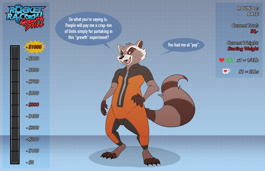 2021 anthro barefoot claws clothing dialogue dino.d.dice ears_up fangs feet fur growth_drive guardians_of_the_galaxy half-closed_eyes hand_on_hip hi_res jumpsuit male mammal markings marvel narrowed_eyes number open_mouth procyonid raccoon raised_tail ring_(marking) ringtail rocket_raccoon solo speech_bubble standing tail_markings teeth text toe_claws tongue whiskers zipper
