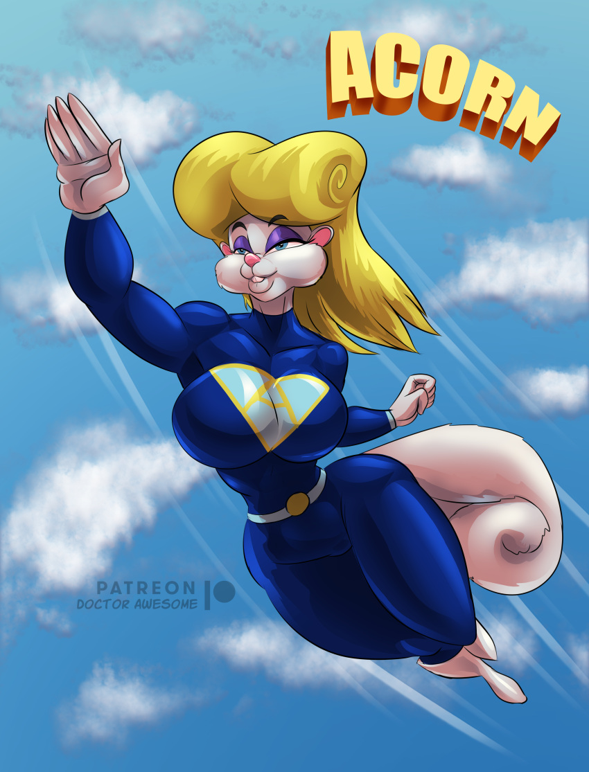 2022 4k absurd_res anthro artist_name athletic athletic_anthro athletic_female big_breasts big_butt blonde_hair blue_eyes bodysuit breasts bubble_butt buckteeth butt clothing curled_tail curvaceous curvy_figure detailed_background digital_drawing_(artwork) digital_media_(artwork) eyelashes eyeliner eyeshadow female fingers fluffy fluffy_tail flying fur hair hi_res hourglass_figure makeup mammal patreon patreon_logo rodent sciurid skinsuit sky sky_background small_waist smile solo super_powers superhero teeth thebigbadwolf01 thick_thighs tight_clothing tree_squirrel voluptuous watermark white_body white_fur wide_hips