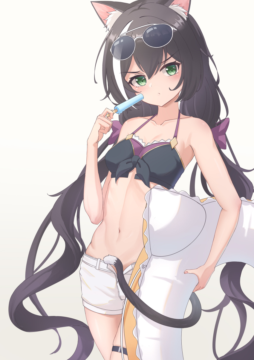 1girl absurdres animal_ear_fluff animal_ears bangs bikini bikini_top_only black_bikini black_hair blush bow breasts cat_ears cat_girl cat_tail cleavage collarbone cowboy_shot eyewear_on_head food green_eyes hair_between_eyes hair_bow highres innertube karyl_(princess_connect!) long_hair looking_at_viewer low_twintails nail_polish natsugou_shinogi navel open_fly pink_nails popsicle princess_connect! purple_bow shiny shiny_hair short_shorts shorts simple_background small_breasts solo standing sunglasses swimsuit tail twintails very_long_hair white-framed_eyewear white_background white_shorts