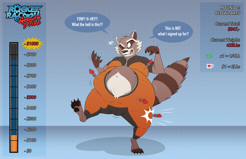 2021 anthro barefoot belly belly_tuft big_belly bloated_stomach chubby_anthro chubby_male claws clothing dart dialogue dino.d.dice ears_up fangs feet fur growth_drive guardians_of_the_galaxy hi_res jumpsuit male mammal markings marvel number on_one_leg one_eye_closed open_mouth procyonid raccoon raised_tail ring_(marking) ringtail rocket_raccoon slightly_chubby solo speech_bubble standing tail_markings teeth text toe_claws tongue tuft weight_gain whiskers zipper