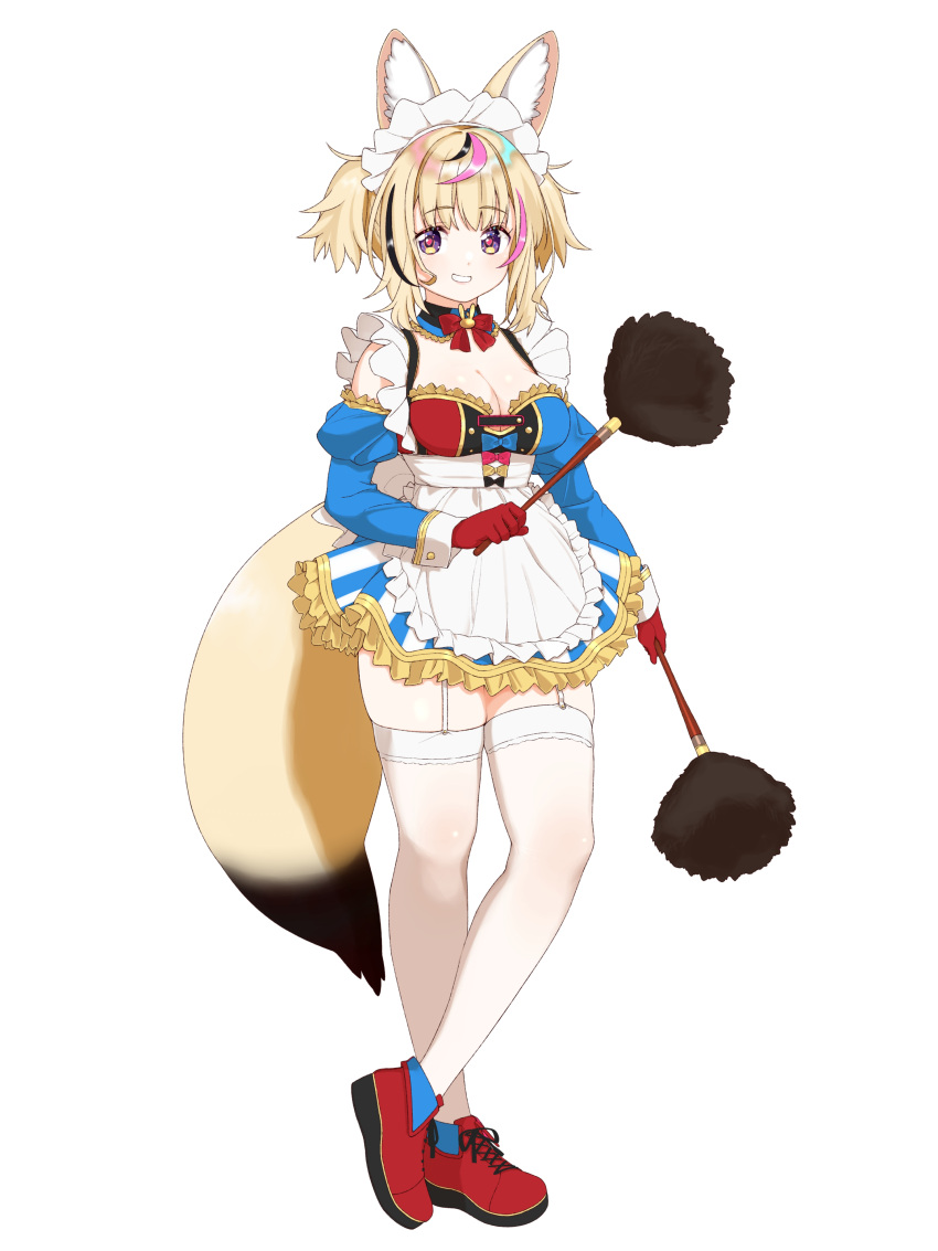 1girl absurdres animal_ears bangs black_hair blonde_hair blue_bow bow breasts cleavage detached_sleeves dress duster facial_mark feather_duster fox_ears fox_girl fox_tail frilled_dress frills full_body garter_straps gloves grin highres hololive large_breasts long_sleeves looking_at_viewer maid maid_headdress multicolored_hair okunin omaru_polka pink_hair puffy_long_sleeves puffy_sleeves purple_eyes red_bow red_footwear red_gloves short_dress short_hair simple_background smile solo standing streaked_hair tail thick_thighs thighhighs thighs two_side_up virtual_youtuber white_background white_thighhighs yellow_bow zettai_ryouiki