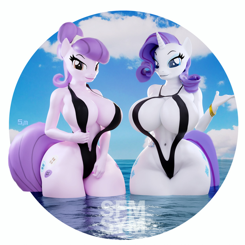 16:9 3d_(artwork) anthro big_breasts big_butt breasts butt clothed clothing digital_media_(artwork) duo female female/female friendship_is_magic hasbro huge_breasts huge_butt my_little_pony rarity_(mlp) smile suri_polomare_(mlp) swimwear symm water wide_hips widescreen