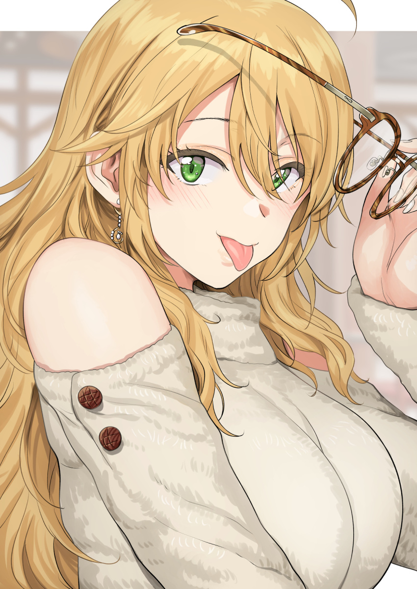 1girl :p ahoge blonde_hair blush breasts clothing_cutout fingernails glasses green_eyes highres holding holding_eyewear hoshii_miki idolmaster idolmaster_(classic) idolmaster_million_live! large_breasts looking_at_viewer messy_hair nail_polish shoulder_cutout solo sweater tongue tongue_out tsurui upper_body white_sweater