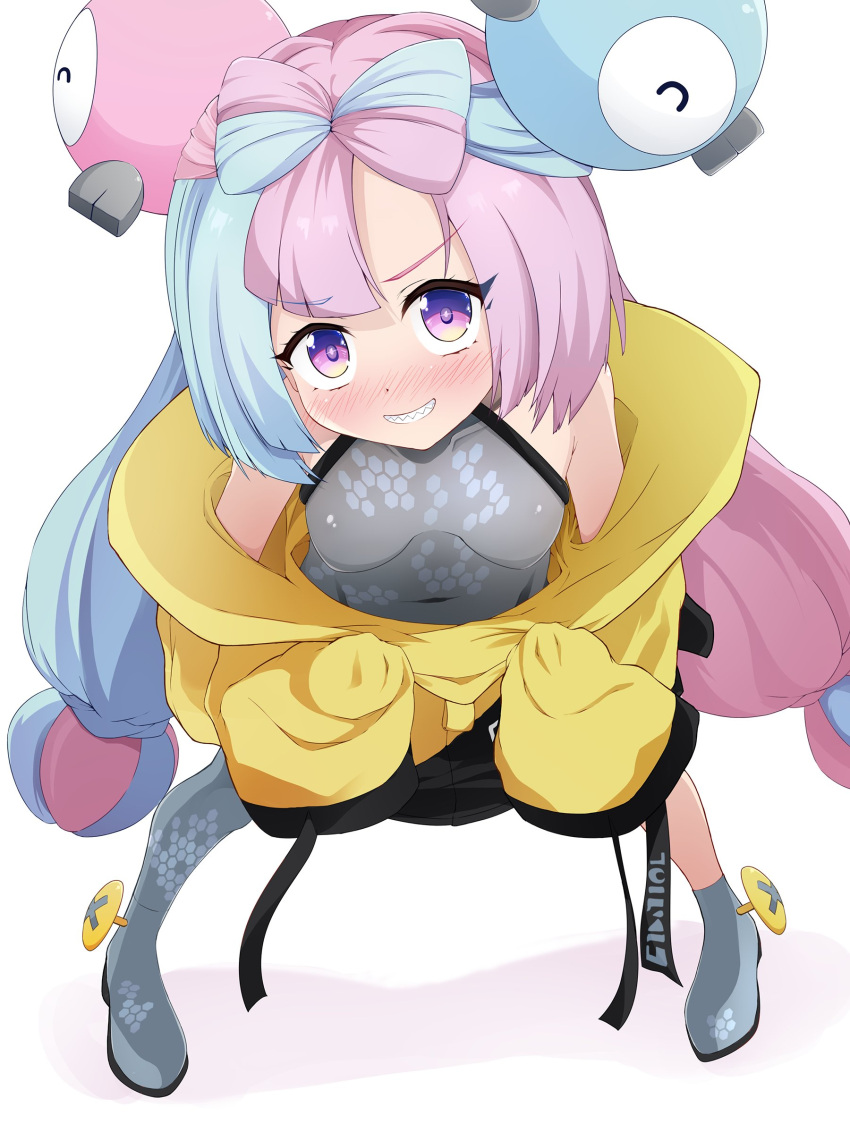 1girl absurdres black_coat blue_hair blush bow-shaped_hair braid breasts cat_and_rabbit character_hair_ornament clothes_pull coat covered_collarbone covered_navel eyes_visible_through_hair grey_footwear grey_pantyhose grin hair_ornament hexagon_print highres iono_(pokemon) legs_apart light_blue_hair long_hair long_sleeves low-tied_long_hair magnemite magnet medium_breasts multicolored_coat multicolored_eyes multicolored_hair nose_blush one-eyed pantyhose pigeon-toed pink_eyes pink_hair pokemon pokemon_(creature) pokemon_(game) pokemon_sv pulled_by_self purple_eyes screw sharp_teeth simple_background single_leg_pantyhose sleeves_past_fingers sleeves_past_wrists smile standing teeth tight two-tone_coat two-tone_hair v-shaped_eyebrows very_long_hair white_background yellow_coat yellow_eyes