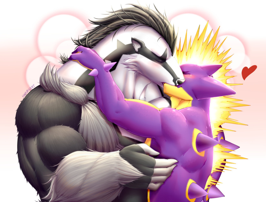 &lt;3 2022 amped_toxtricity anthro anthro_on_anthro biped black_body black_fur black_hair blush daily-incineroar digital_media_(artwork) duo eyes_closed fur generation_8_pokemon grey_body grey_fur hair hi_res interspecies kissing male male/male multicolored_body multicolored_fur muscular muscular_anthro muscular_male nintendo obstagoon pokemon pokemon_(species) purple_body toxtricity video_games white_body white_fur yellow_body