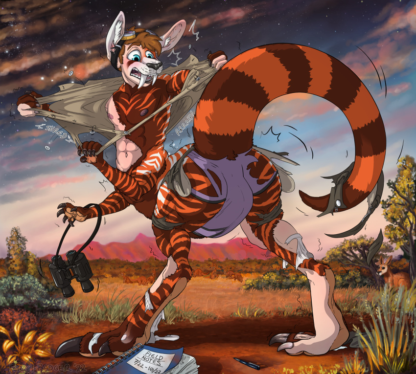 ailurid ailus_tochar antelope anthro binoculars blue_eyes bottomwear bovid brown_body brown_fur bulge claws clothing cloud eyewear eyewear_on_head fangs ferret-badger_(artist) fur gazelle goggles goggles_on_head hi_res human human_to_taur hybrid kangaroo macropod male mammal marsupial notebook outback outside pants pen red_panda sabertooth_(anatomy) sky solo species_transformation story story_at_source story_in_description striped_body striped_fur stripes taur tearing_shirt torn_clothing transformation