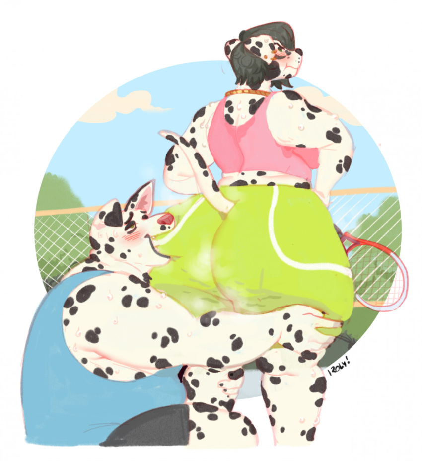 anthro big_butt black_hair blush bodily_fluids bottomwear butt butt_biting canid canine canis cellulite clothed clothing crop_top dalmatian domestic_dog donovan_(ghostmexicanwolf) duo female fully_clothed fur hair hi_res huge_butt jewelry male male/female mammal marilyn_(ghostmexicanwolf) married_couple mature_female mature_male necklace overweight overweight_anthro overweight_female overweight_male pouting rear_view roly romantic romantic_couple shirt shorts spots spotted_body spotted_fur sweat tank_top tennis_net tennis_racket topwear white_body white_fur