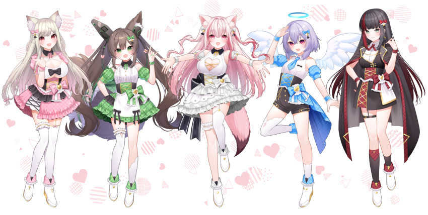 5girls :d animal_ear_fluff animal_ears asymmetrical_legwear bare_shoulders black_dress black_hair black_shorts black_socks blue_bow blue_eyes blue_sleeves boots bow braid breasts chitetan cleavage commentary_request copyright_request detached_sleeves dress feathered_wings frilled_footwear frilled_thighhighs frills garter_straps green_eyes green_skirt grey_sleeves halo heart highres large_breasts multicolored_hair multiple_girls outstretched_arms pink_hair pink_skirt plaid plaid_bow plaid_skirt puffy_short_sleeves puffy_sleeves purple_eyes purple_hair red_eyes red_hair shirt short_shorts short_sleeves shorts simple_background single_sock single_thighhigh skirt sleeveless sleeveless_dress sleeveless_shirt smile socks standing standing_on_one_leg streaked_hair striped tail thighhighs twin_braids virtual_youtuber white_background white_dress white_footwear white_shirt white_thighhighs white_wings wings wrist_cuffs
