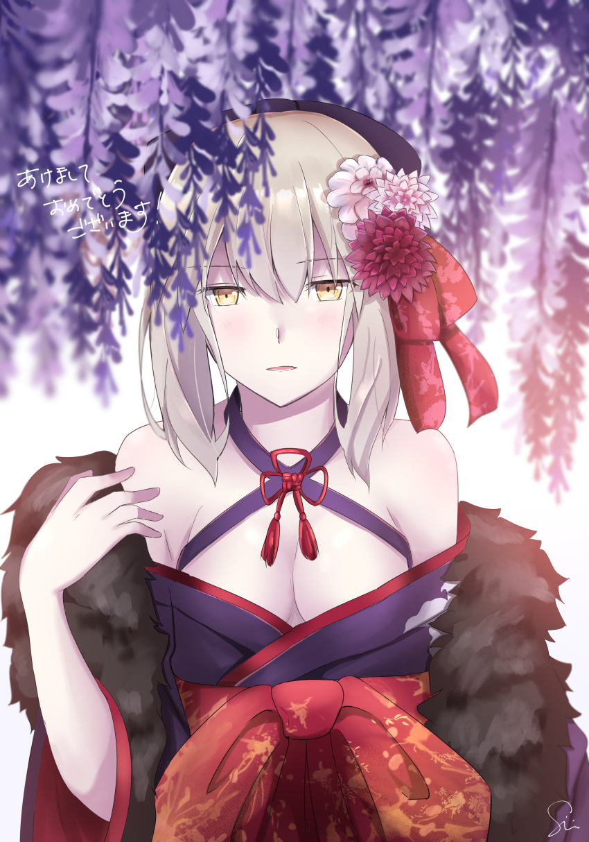 1girl absurdres artoria_pendragon_(fate) bangs bare_shoulders blush breasts eyebrows_behind_hair eyebrows_visible_through_hair fate/grand_order fate_(series) flower grey_hair hair_flower hair_ornament highres japanese_clothes kimono looking_at_viewer open_mouth ribbon saber_alter short_hair sii_artatm silver_hair solo wisteria yellow_eyes