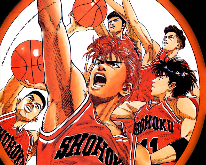 akagi_takenori armpits ball basketball black_eyes black_hair circle crewcut elbow_band frown holding inoue_takehiko jersey mitsui_hisashi miyagi_ryouta open_mouth red_hair rukawa_kaede sakuragi_hanamichi short_hair simple_background slam_dunk spiked_hair team teeth tongue