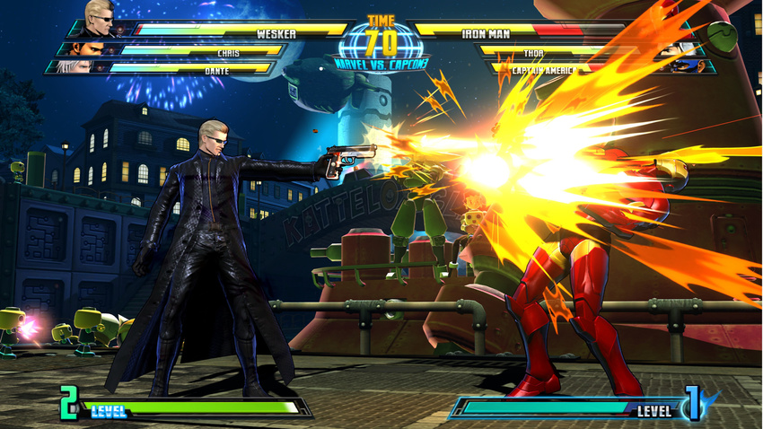 albert_wesker cap capcom fighting_game gun highres iron_man kobun male male_focus marvel marvel_vs._capcom marvel_vs._capcom_3 marvel_vs_capcom marvel_vs_capcom_3 resident_evil resident_evil_5 rockman rockman_dash screencap servbot tron_bonne weapon