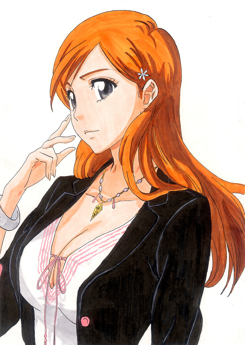 bleach breasts cleavage hair_ornament highres inoue_orihime jewelry large_breasts long_hair necklace orange_hair simple_background