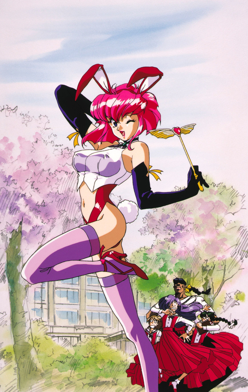90's 90's 90s absurdres animal_ears arm_up black_hair blue_eyes book bow bowtie braid breasts brown_hair bunny_ears bunny_tail bush cherry_blossom cherry_blossoms cherry_tree dark_skin elbow_gloves footwear gloves heart high_heels highres large_breasts lipstick long_hair looking_at_viewer magical_girl makeup misty_may oldschool open_mouth otaku_no_video outdoors pink_hair purple_hair ribbon school school_uniform shoes short_hair smile socks sonoda_ken'ichi sonoda_kenichi spring swimsuit tail teeth thighhighs tongue wand wings wink
