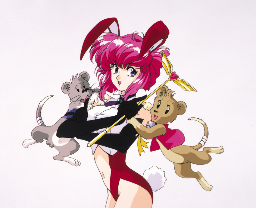 90s absurdres animal animal_ears black_gloves bunny_ears bunny_tail cowboy_shot elbow_gloves fang gloves highres holding leotard looking_at_viewer misty_may navel nega-king official_art open_mouth otaku_no_video pink_hair posi-king red_leotard short_hair simple_background sleeveless spring_onion tail testicles wand