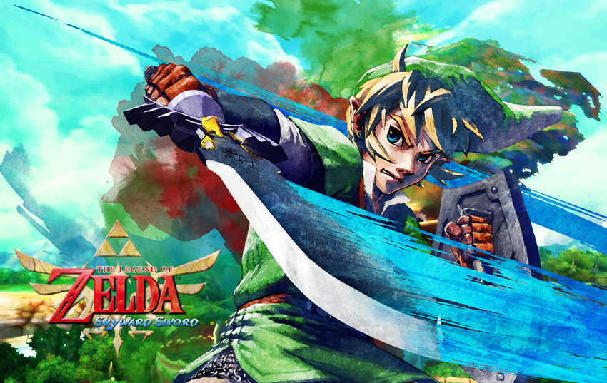 1boy belt blonde_hair blue_eyes chain_mail chainmail copyright_name earring earrings fighting_stance fingerless_gloves gloves hat highres jewelry link logo male male_focus open_mouth shield skyward_sword sword the_legend_of_zelda the_legend_of_zelda:_skyward_sword tunic wallpaper weapon widescreen