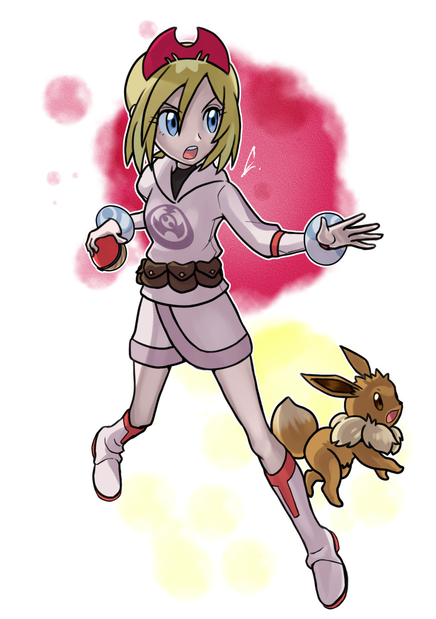 1girl absurdres alternate_costume bangs blonde_hair blue_eyes boots bracelet brown_bag commentary_request eevee fubo_(fubo_0623) full_body hair_between_eyes hairband highres holding holding_poke_ball irida_(pokemon) jacket jewelry open_mouth outline pearl_clan_outfit poke_ball poke_ball_(legends) pokemon pokemon_(creature) pokemon_(game) pokemon_legends:_arceus red_hairband short_hair skirt teeth tongue upper_teeth white_footwear