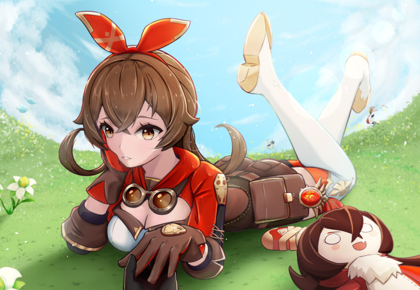 1girl absurdres amber_(genshin_impact) arm_support bag bangs baron_bunny_(genshin_impact) belt blue_sky boots breasts brown_eyes brown_hair cleavage cloud cloudy_sky commentary_request fisheye genshin_impact goggles goggles_around_neck grass hair_between_eyes hairband head_rest highres horizon kaidi legs_up long_hair long_sleeves looking_at_viewer lying on_stomach parted_lips sidelocks sky solo stuffed_animal stuffed_bunny stuffed_toy thigh_boots two-tone_gloves vision_(genshin_impact)
