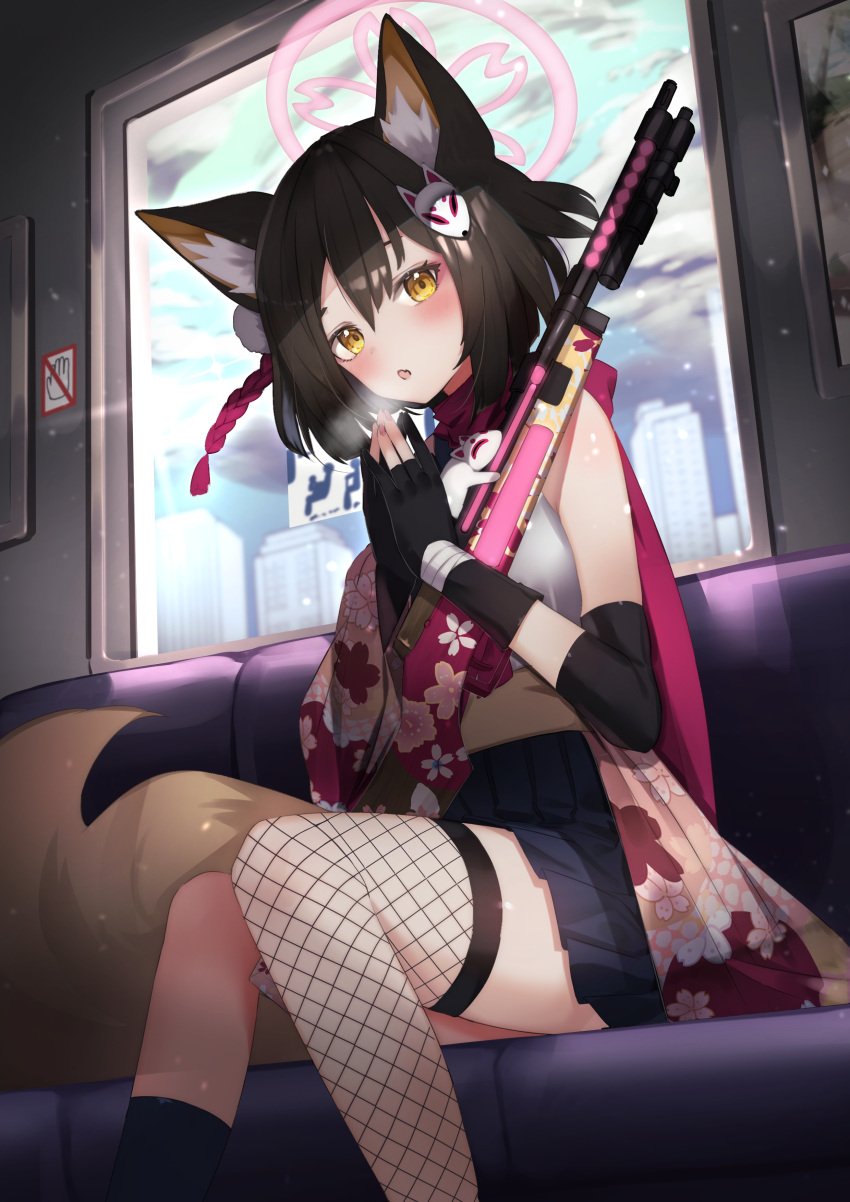 1girl absurdres animal_ear_fluff animal_ears animal_hair_ornament blue_archive brown_hair e_buki eyeshadow floral_print fox_ears fox_girl fox_hair_ornament fox_tail gloves gun hair_ornament halo highres izuna_(blue_archive) japanese_clothes makeup neckerchief partially_fingerless_gloves pink_eyeshadow pink_neckerchief pink_scarf pleated_skirt pom_pom_(clothes) pom_pom_hair_ornament scarf school_uniform serafuku short_hair single_thighhigh sitting skirt submachine_gun tail thighhighs type_100 weapon white_serafuku wrist_wrap yellow_eyes