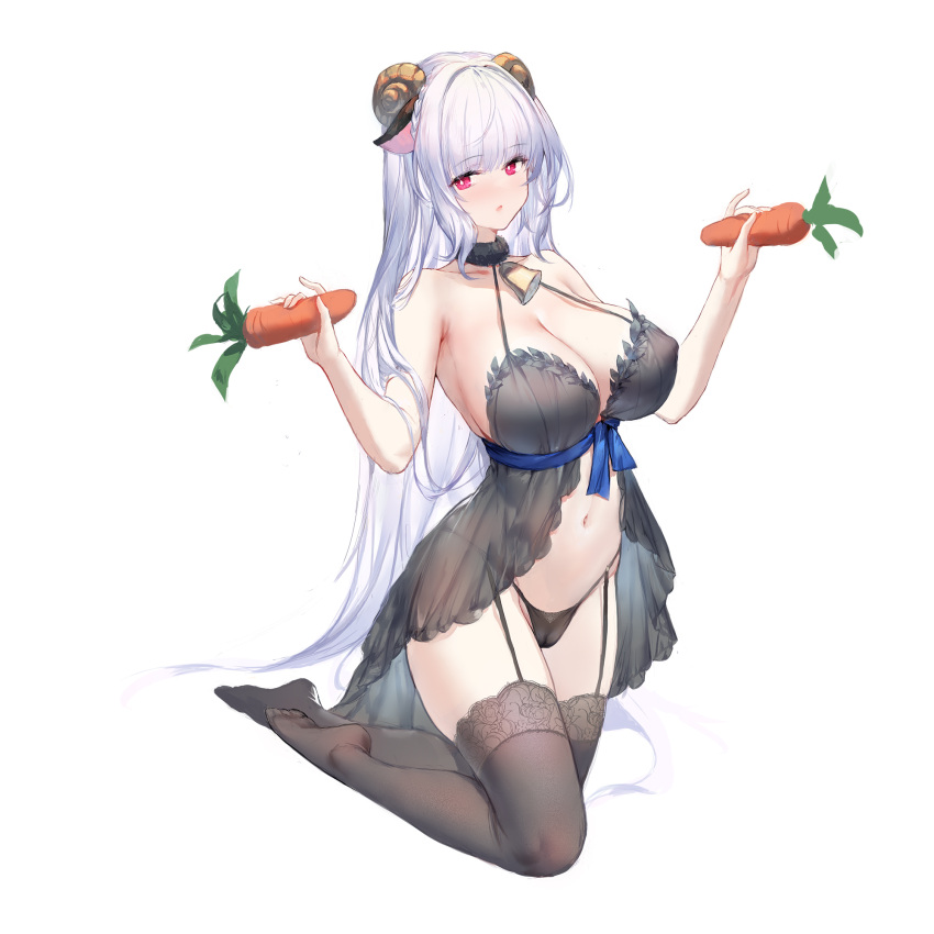 1girl animal_ears babydoll bare_arms bare_shoulders bell black_babydoll black_panties black_thighhighs breasts bright_pupils cameltoe carrot cleavage closers cowbell curled_horns fur_collar garter_straps halterneck hands_up highres holding horns kneeling large_breasts lingerie long_hair looking_at_viewer mirae_(closers) navel no_shoes panties parted_lips red_eyes sheep_ears sheep_horns simple_background solo stomach strap_gap string_panties swd3e2 thighhighs thighs underwear very_long_hair white_background white_hair