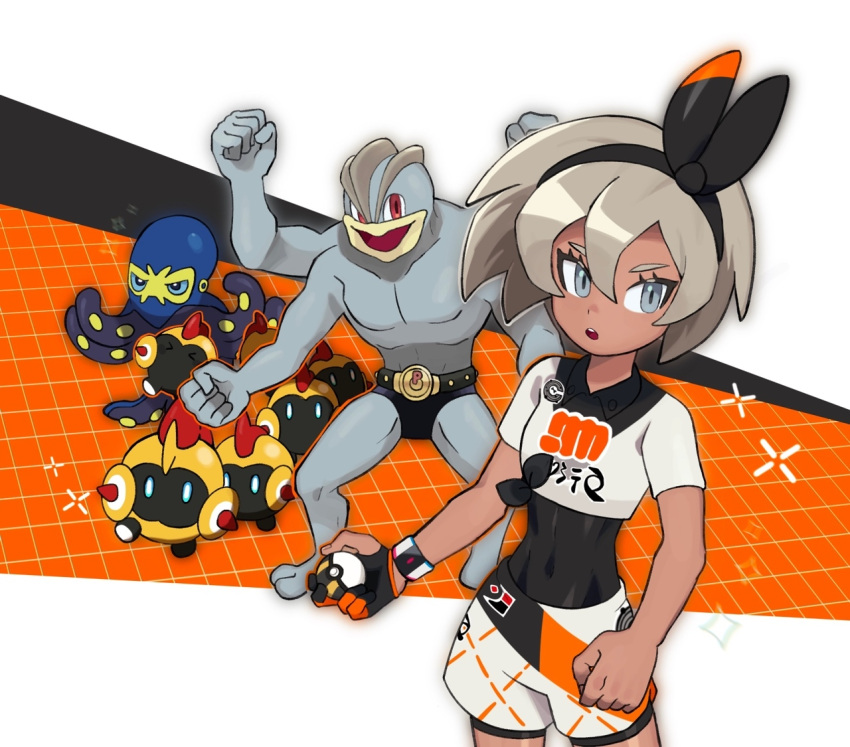 1girl :o bangs bea_(pokemon) black_bodysuit black_hairband blonde_hair bodysuit bodysuit_under_clothes bow_hairband chirosamu clenched_hand commentary_request dynamax_band falinks gloves grapploct grey_eyes hair_between_eyes hairband holding holding_poke_ball machamp open_mouth partially_fingerless_gloves poke_ball pokemon pokemon_(creature) pokemon_(game) pokemon_swsh print_shirt print_shorts shirt short_hair short_sleeves shorts single_glove teeth ultra_ball upper_teeth