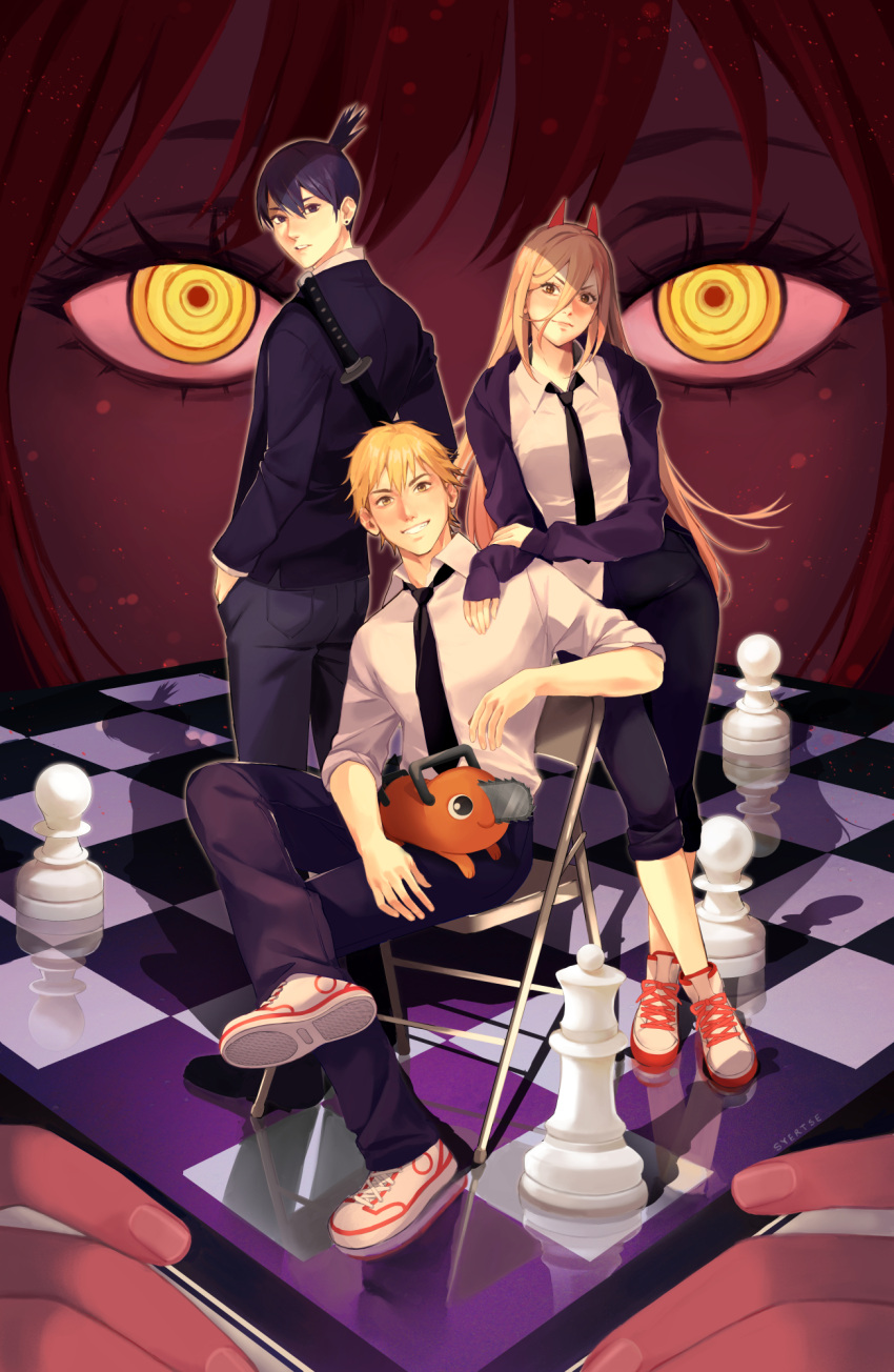 2boys 2girls bangs black_hair black_jacket black_necktie black_pants blonde_hair blush board_game breasts brown_eyes chainsaw chainsaw_man chair chess chess_piece collared_shirt cross-shaped_pupils crossed_legs demon_girl denji_(chainsaw_man) facing_away folding_chair full_body grey_pants grin hair_between_eyes hand_on_another's_shoulder hands_in_pockets hayakawa_aki high_ponytail highres horns jacket katana leaning_on_person long_hair long_sleeves looking_at_viewer looking_back makima_(chainsaw_man) medium_breasts medium_hair multiple_boys multiple_girls necktie pants pants_rolled_up parted_lips pawn pochita_(chainsaw_man) power_(chainsaw_man) red_hair red_horns ringed_eyes shirt shoes short_hair short_ponytail sitting sleeves_past_wrists sleeves_rolled_up smile sneakers standing sword syertse symbol-shaped_pupils teeth v-shaped_eyebrows weapon weapon_on_back white_footwear white_shirt yellow_eyes