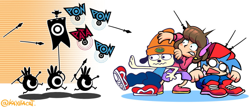 2boys 4others backwards_hat baggy_pants banner baseball_cap beanie blue_hair boyfriend_(friday_night_funkin') brown_hair crossover dog_boy friday_night_funkin' furry furry_male gameplay_mechanics hat hatepon highres kaylla long_sleeves melodii multiple_boys multiple_others pants parappa parappa_the_rapper patapon polearm scratchin'_melodii shorts spear throwing trait_connection watermark weapon yaripon
