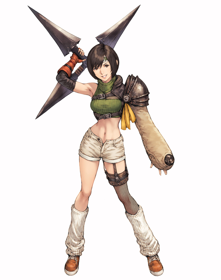 1girl abs absurdres arm_guards armor asymmetrical_legwear black_gloves black_hair breasts brown_eyes chest_strap crop_top elbow_gloves final_fantasy final_fantasy_vii final_fantasy_vii_remake fingerless_gloves fishnet_thighhighs fishnets full_body gloves green_shirt grey_shorts grin hair_between_eyes headband highres holding_shuriken leg_warmers looking_at_viewer makimura_shunsuke medium_breasts midriff navel ninja ninja_(final_fantasy) orange_footwear orange_gloves over_shoulder parted_lips ribbon shirt shoes short_hair short_shorts shorts shoulder_armor shuriken single_sleeve sleeveless sleeveless_turtleneck sleeveless_turtleneck_crop_top smile sneakers solo teeth thighhighs turtleneck turtleneck_crop_top unbuttoned_shorts weapon weapon_over_shoulder white_background yellow_ribbon yuffie_kisaragi