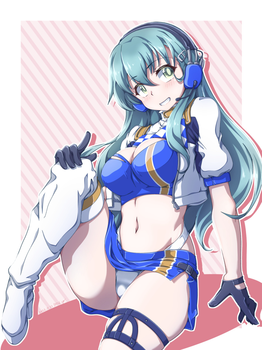 1girl 547th_sy alternate_costume aqua_eyes aqua_hair bangs black_gloves blue_bandeau blue_skirt blush boots bow breasts cleavage cosplay cowboy_shot crop_top cropped_jacket gloves gotland_(kancolle) gotland_(kancolle)_(cosplay) green_eyes green_hair hair_ornament hairclip headphones headset highleg highleg_panties highres jacket kantai_collection knee_boots large_breasts long_hair looking_to_the_side medium_breasts midriff miniskirt navel open_clothes open_jacket panties pink_bow purple_bandeau race_queen sitting skirt smile solo suzuya_(kancolle) teeth thigh_boots thigh_strap thighs underwear white_background white_footwear white_jacket white_panties