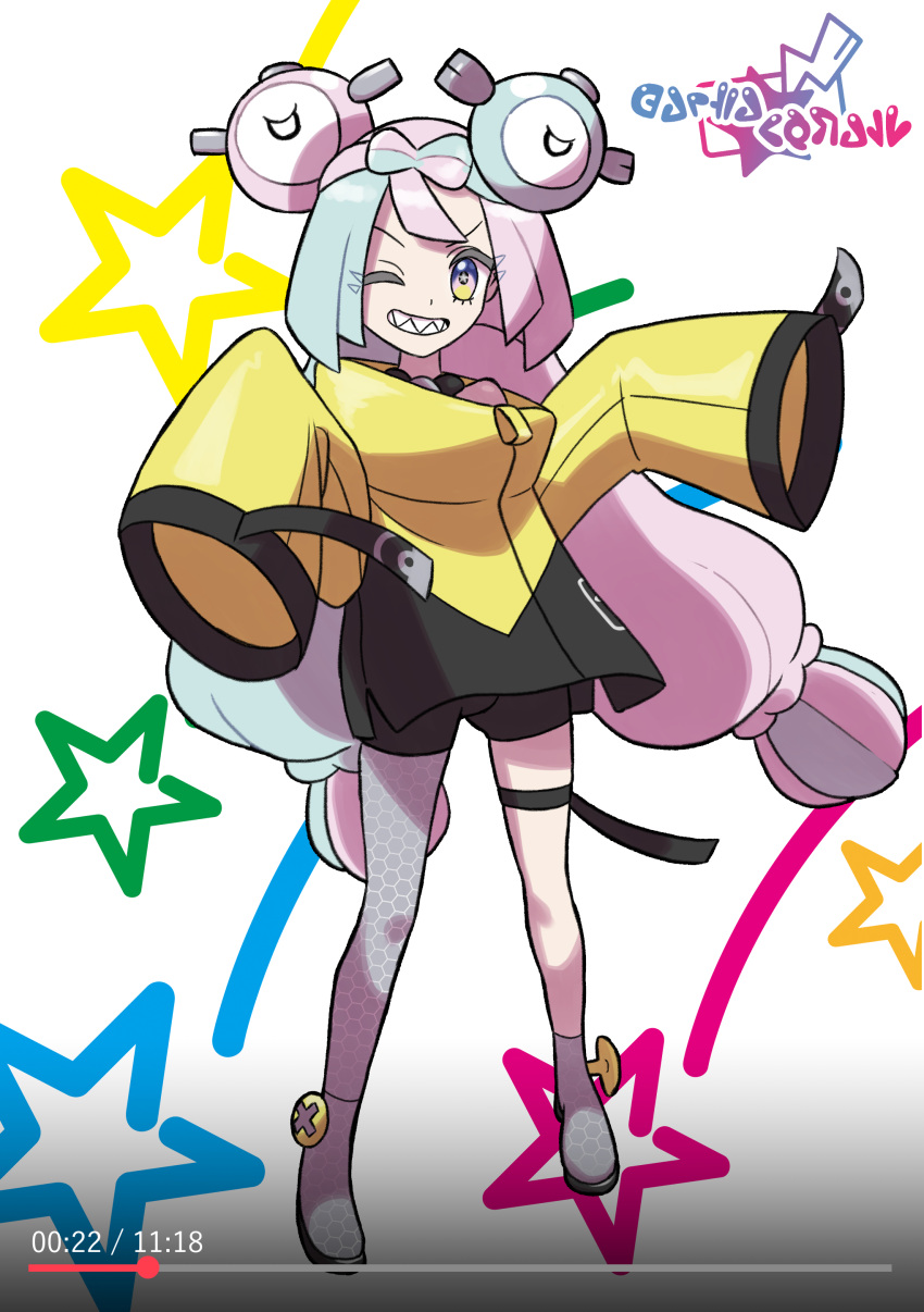 1girl absurdres bangs black_shorts boots character_hair_ornament commentary_request fubo_(fubo_0623) full_body green_hair grey_footwear grey_pantyhose grin hair_ornament highres iono_(pokemon) jacket long_hair multicolored_hair one_eye_closed pantyhose pink_hair pokemon pokemon_(game) pokemon_sv sharp_teeth shorts single_leg_pantyhose sleeves_past_fingers sleeves_past_wrists smile solo standing star_(symbol) teeth thigh_strap timeline twintails two-tone_hair yellow_jacket