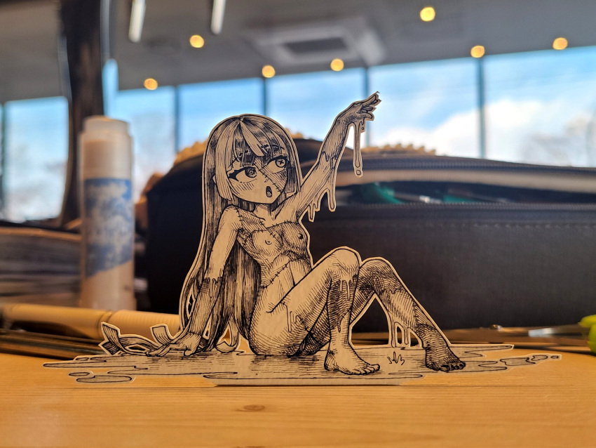 1girl completely_nude flat_chest highres hololive hololive_indonesia jqhnharqld kureiji_ollie long_hair nipples nude paper_child papercraft_(medium) patchwork_skin photo_(medium) solo stitched_face stitches unconventional_media virtual_youtuber water wet zombie