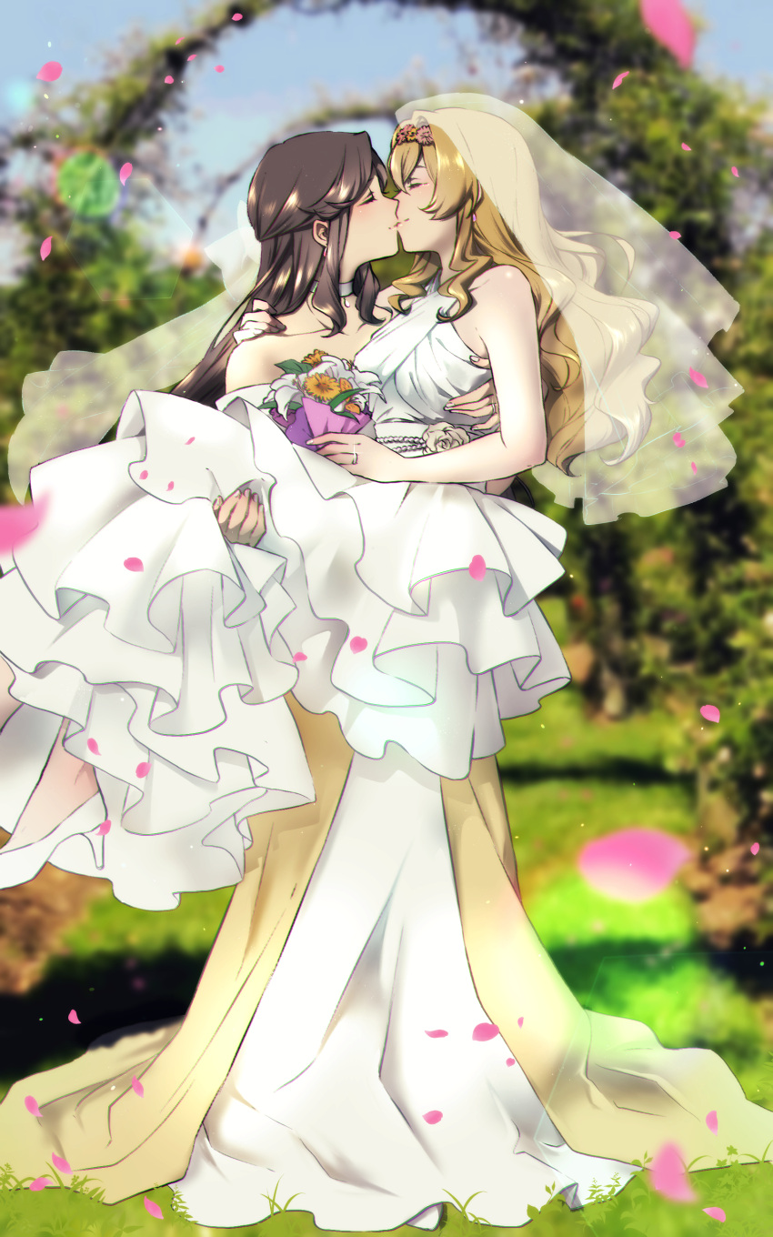 2girls absurdres arm_around_back arm_around_shoulder bare_arms bare_shoulders blurry blurry_background bouquet breasts bridal_veil brown_hair carrying carrying_person choker closed_eyes closed_mouth collarbone commentary_request commission day dress earrings english_commentary face-to-face facing_another falling_petals fingernails flower gem glint grass hair_flower hair_ornament half_updo halter_dress halterneck hand_on_another's_shoulder hands_up high_heels highres holding holding_bouquet jewelry jun_(kyurisin) kiss lens_flare light_particles lily_(flower) long_dress long_hair medium_breasts mixed-language_commentary multiple_girls off-shoulder_dress off_shoulder outdoors pearl_(gemstone) pendant petals pink_flower princess_carry profile pumps ring saijou_claudine see-through shoujo_kageki_revue_starlight sidelocks skeb_commission smile standing tendou_maya two-tone_dress veil wavy_hair wedding wedding_dress wedding_ring white_choker white_dress white_flower white_footwear wife_and_wife yellow_dress yellow_flower yuri