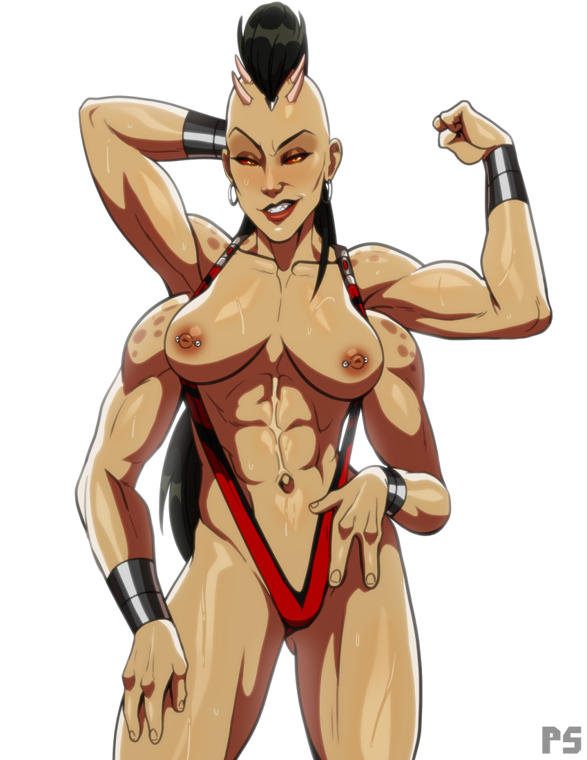 2022 3_fingers abs absurd_res areola bikini blush bodily_fluids breasts clothing draco_shokan ear_piercing ear_ring female fingers flexing hi_res horn humanoid mortal_kombat multi_arm multi_limb muscular muscular_female navel netherrealm_studios nipple_piercing nipples not_furry orange_eyes piercing pumpkinsinclair red_sclera ring_piercing sheeva shokan simple_background sling_bikini smile solo sweat swimwear video_games