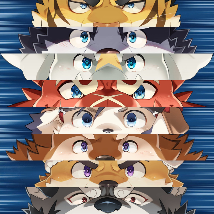 angry anthro atlus blue_eyes brown_body brown_eyes brown_fur canid canine canis cervid close-up domestic_dog dragon elephant elephantid eyebrows felid fur glare grey_body grey_fur group harima hi_res hitachi_(tamacolle) hizen_(tamacolle) is kazusa kemonofluffy male mammal megami_tensei megami_tensei_persona musashi_(tamacolle) oumi_(tamacolle) pantherine proboscidean scar striped_body striped_fur stripes tamacolle thick_eyebrows tiger tusks video_games white_body white_fur