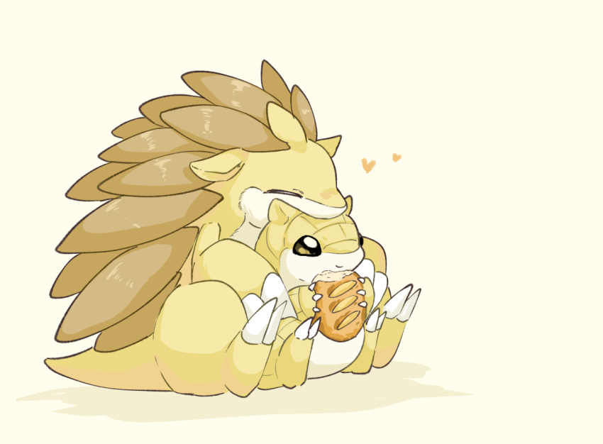 affectionate bread claws closed_eyes closed_mouth commentary_request eating evolutionary_line food heart holding holding_food hug hug_from_behind no_humans oimo_kenpi pokemon pokemon_(creature) sandshrew sandslash sitting smile