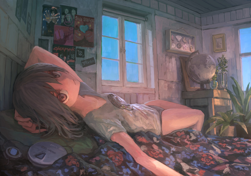 1girl bed black_hair brown_eyes cd_player globe highres indoors looking_at_viewer lying medium_hair no_pants on_back on_bed original panties plant poster_(object) potted_plant solo tokunaga_akimasa underwear v-neck window