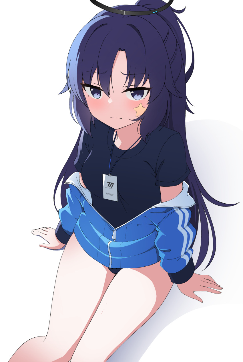 1girl absurdres bangs black_shirt blue_archive blue_eyes blue_jacket blush breasts buruma closed_mouth commentary_request feet_out_of_frame gym_uniform halo hands_on_ground highres id_card jacket jacket_partially_removed korean_commentary long_hair looking_at_viewer medium_breasts nanju_bami official_alternate_costume parted_bangs ponytail purple_eyes purple_hair shadow shirt short_sleeves simple_background sitting solo star_(symbol) star_sticker sticker_on_face track_jacket white_background yuuka_(blue_archive) yuuka_(gym_uniform)_(blue_archive)